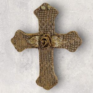 Ceramic Clay Cross Handmade Applied Rose Flower Natural Brown Green 9.5" Hanging